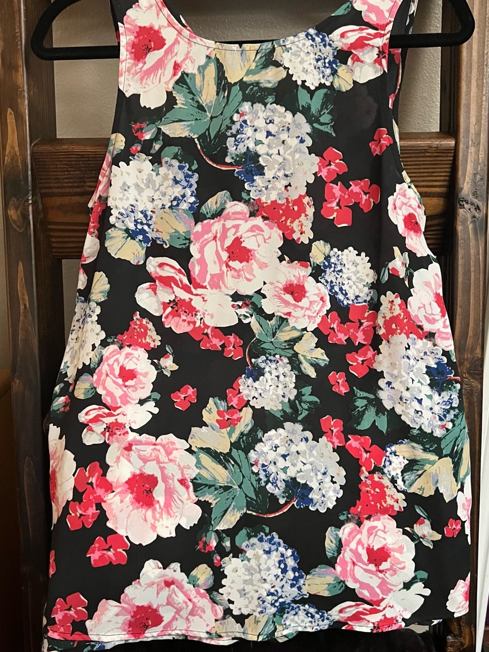 Who What Wear Black Floral Tank Top with Pink & White Blooms